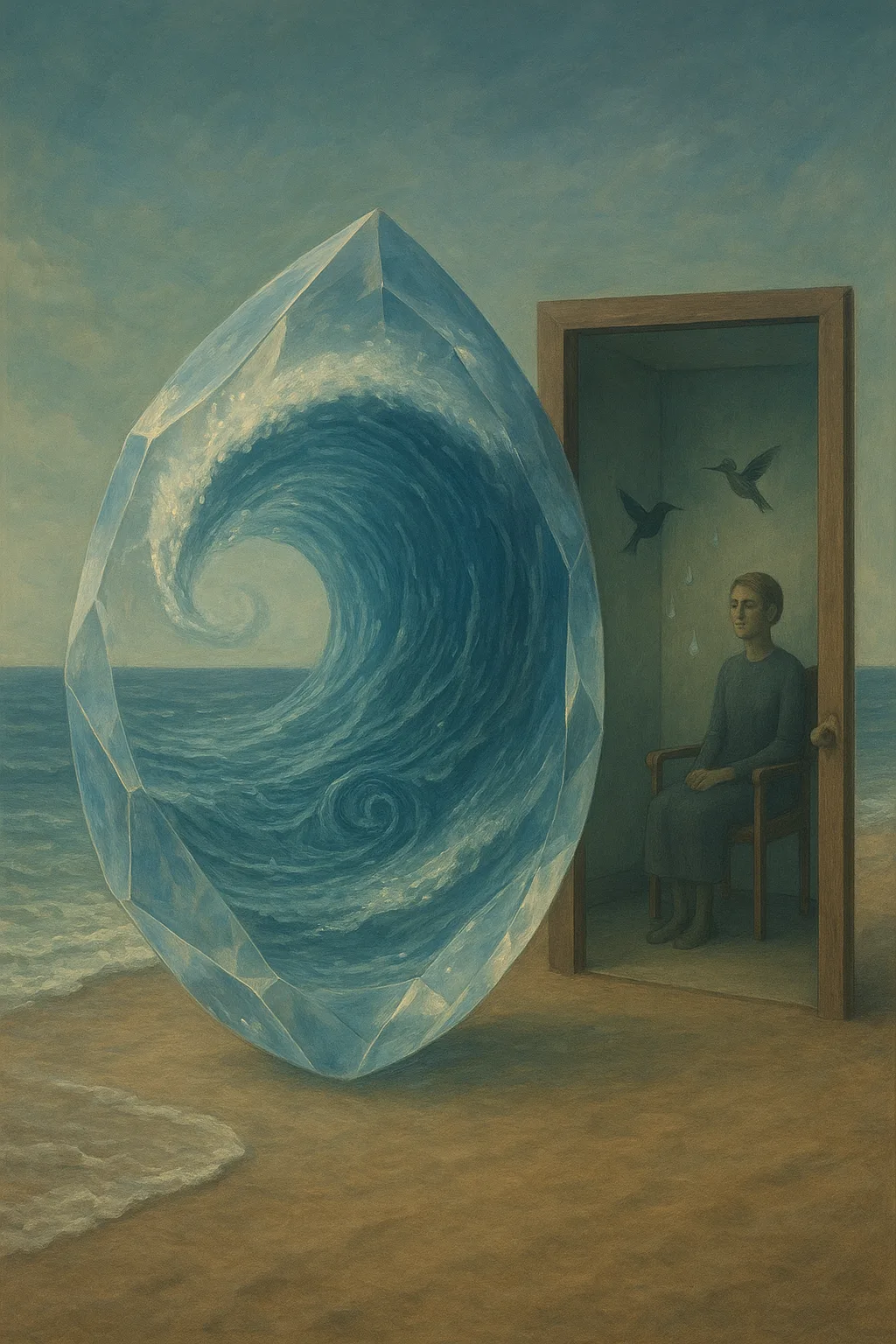 The moment of a wave cresting captured in crystal, but inside the crystal the water continues …