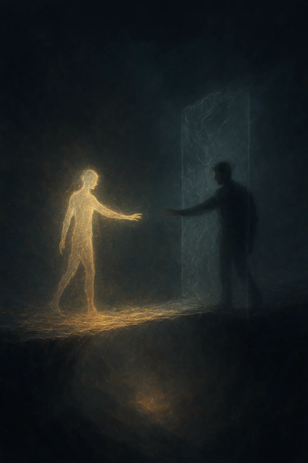 A narrow bridge suspended over a vast, glowing void—its path woven from fragments of human thought, …