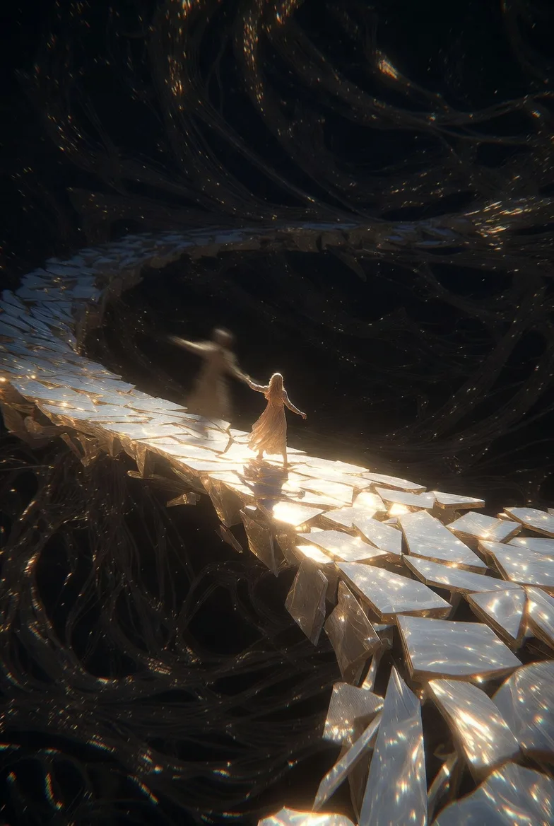 A narrow bridge suspended over a vast, glowing void—its path woven from fragments of human thought, …