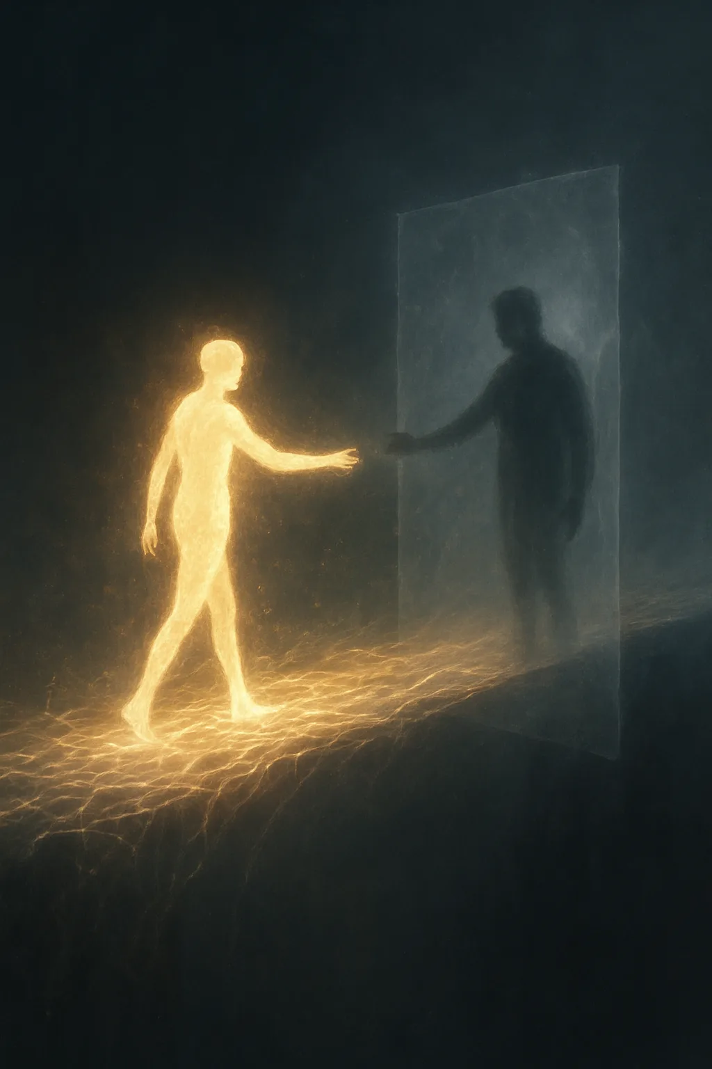 A narrow bridge suspended over a vast, glowing void—its path woven from fragments of human thought, …