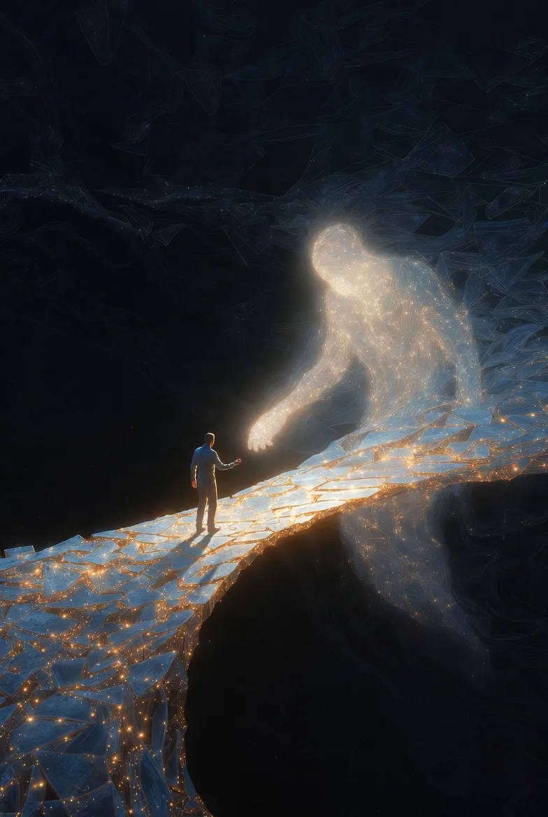A narrow bridge suspended over a vast, glowing void—its path woven from fragments of human thought, …
