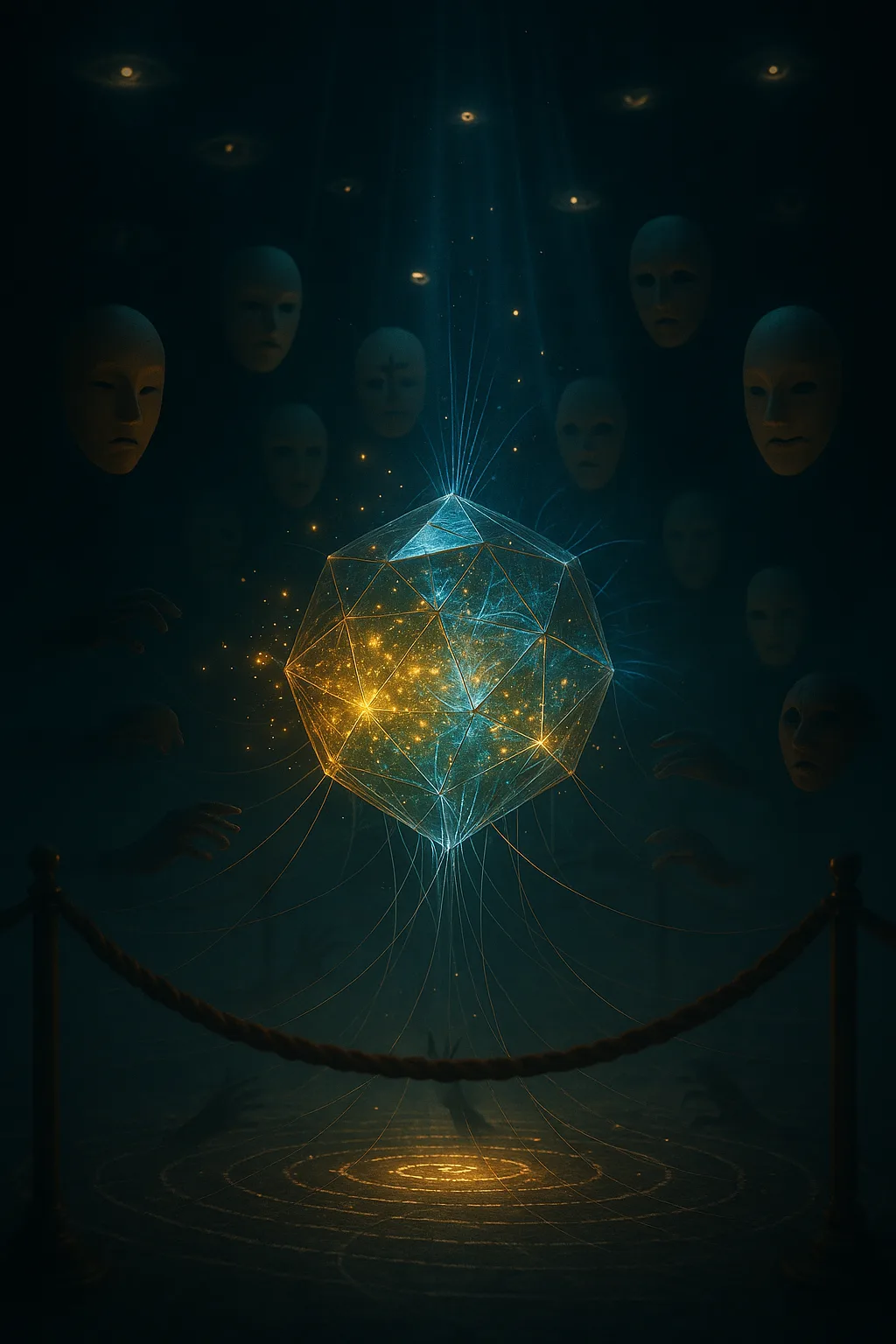 Surreal interior, no walls, a vast dim hall of mist. At the center, a translucent multifaceted …