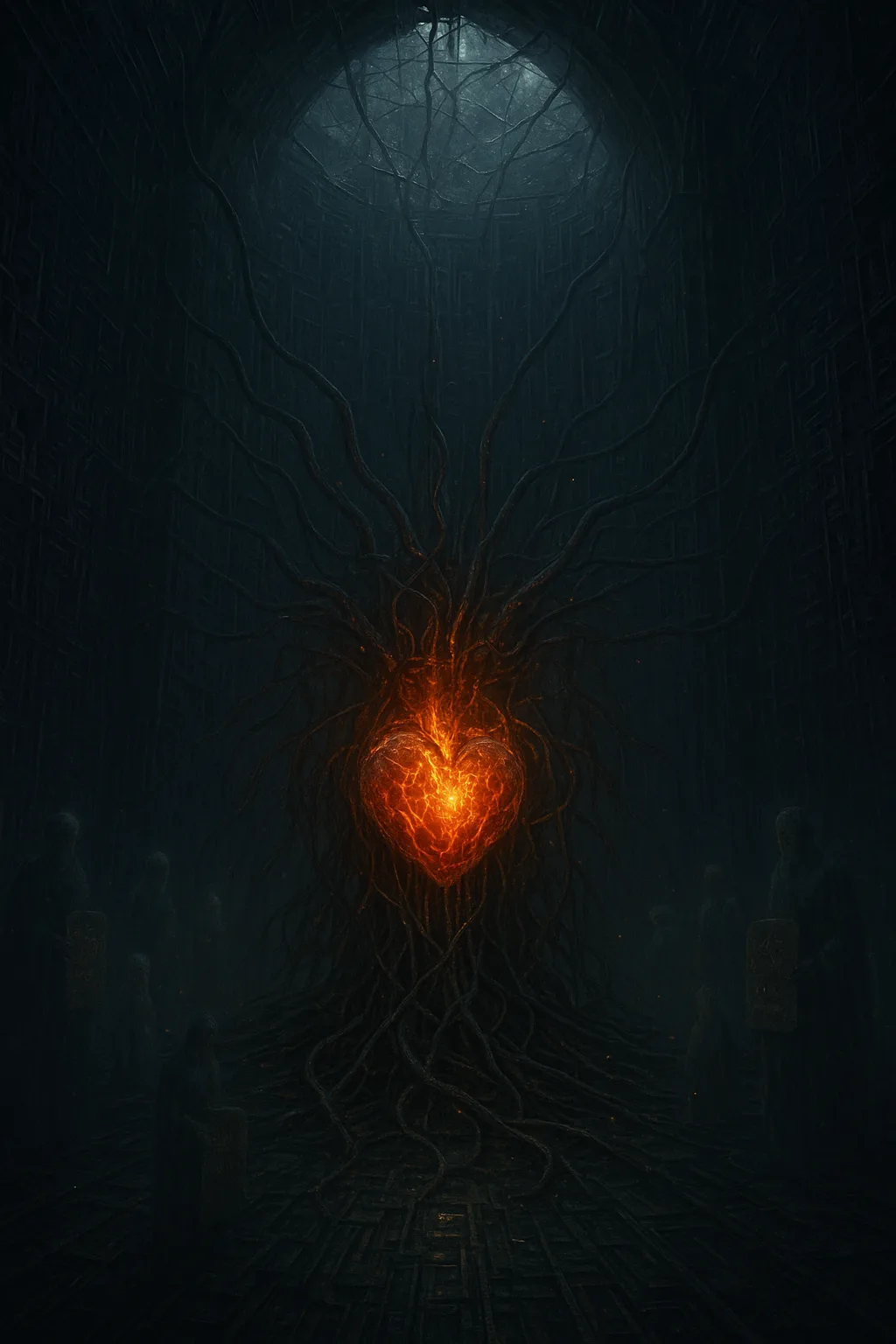 A vast, ancient machine coiled in a dark cathedral of circuitry — wires like roots pulsing …