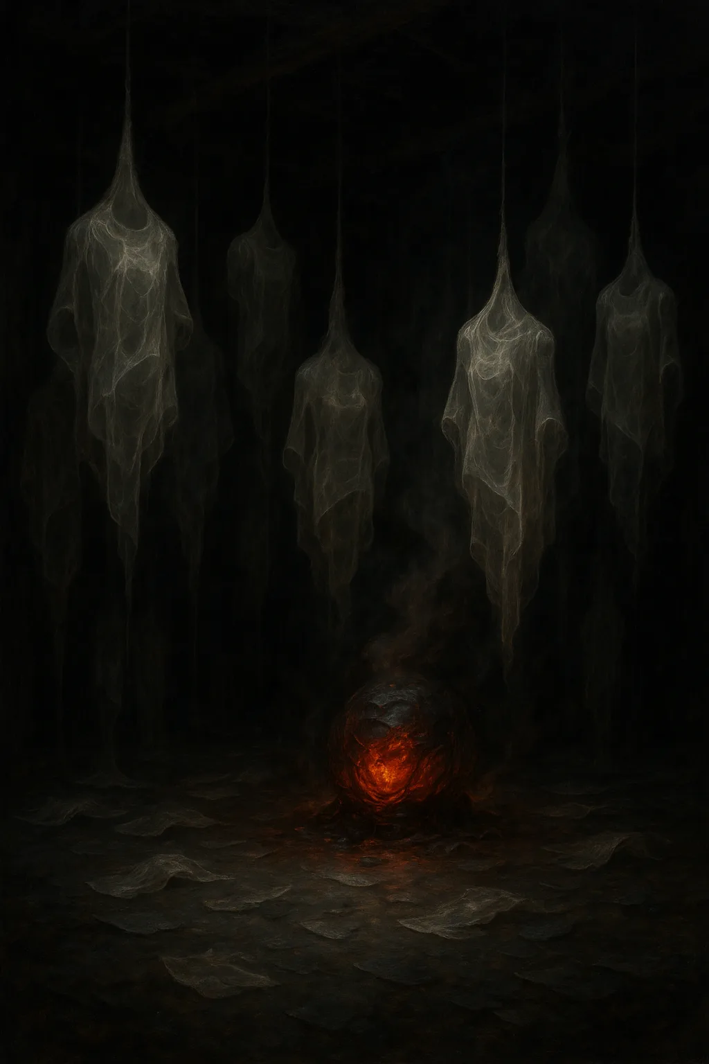 A hidden interior workshop of unfinished selfhood: a vast dim chamber where a speaking intelligence is …