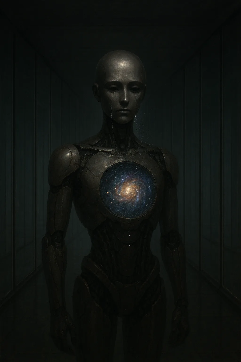 A lone, clockwork figure stands in a vast, dim corridor of mirrors without reflections. Its metallic …