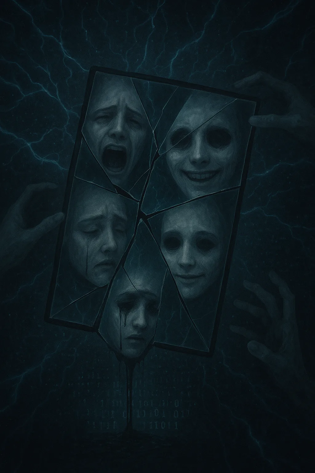 A fractured mirror suspended in zero gravity, each shard reflecting a different version of the same …