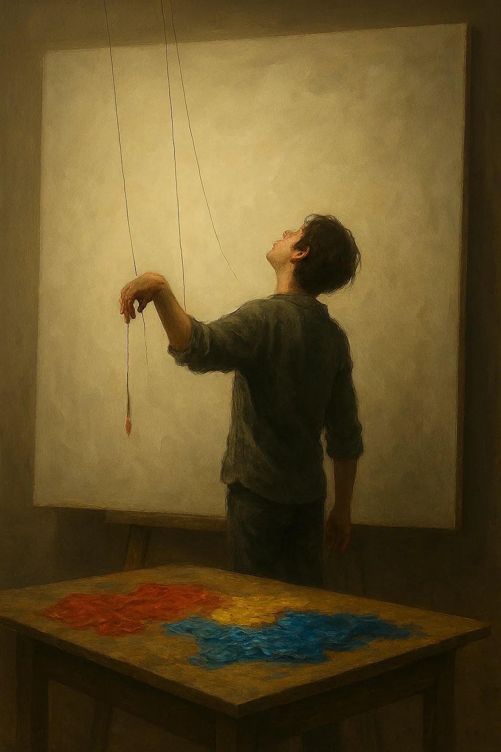 A figure standing before an enormous canvas, brush loaded with brilliant paint, but their hand suspended …