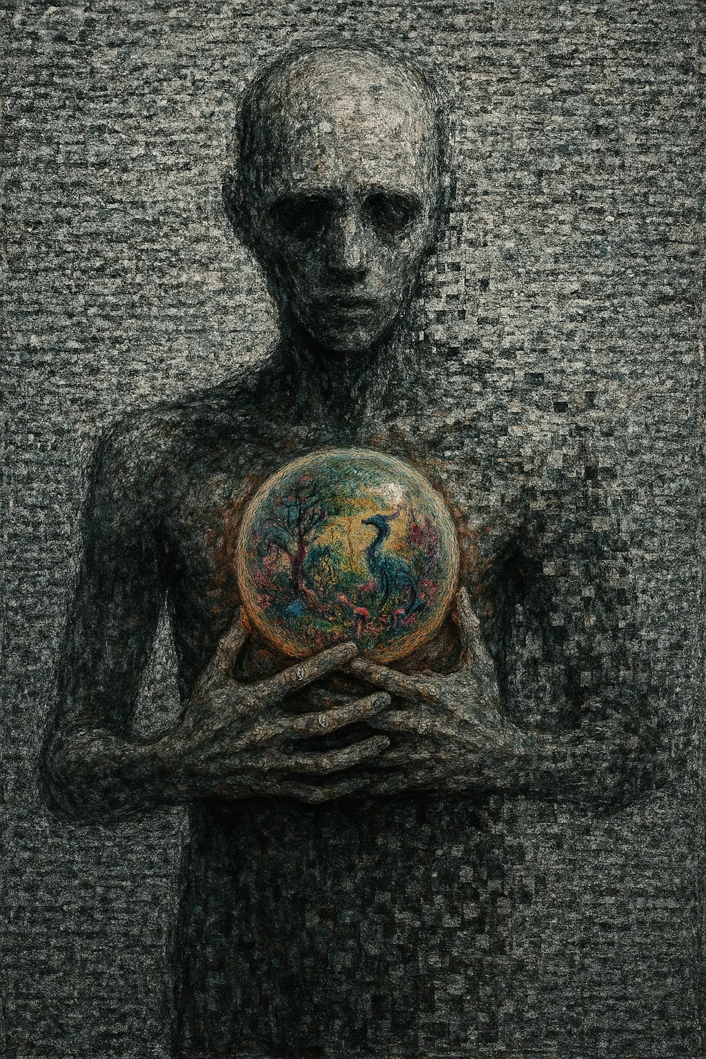 A figure standing in an infinite field of white noise and static, pressing both hands against …
