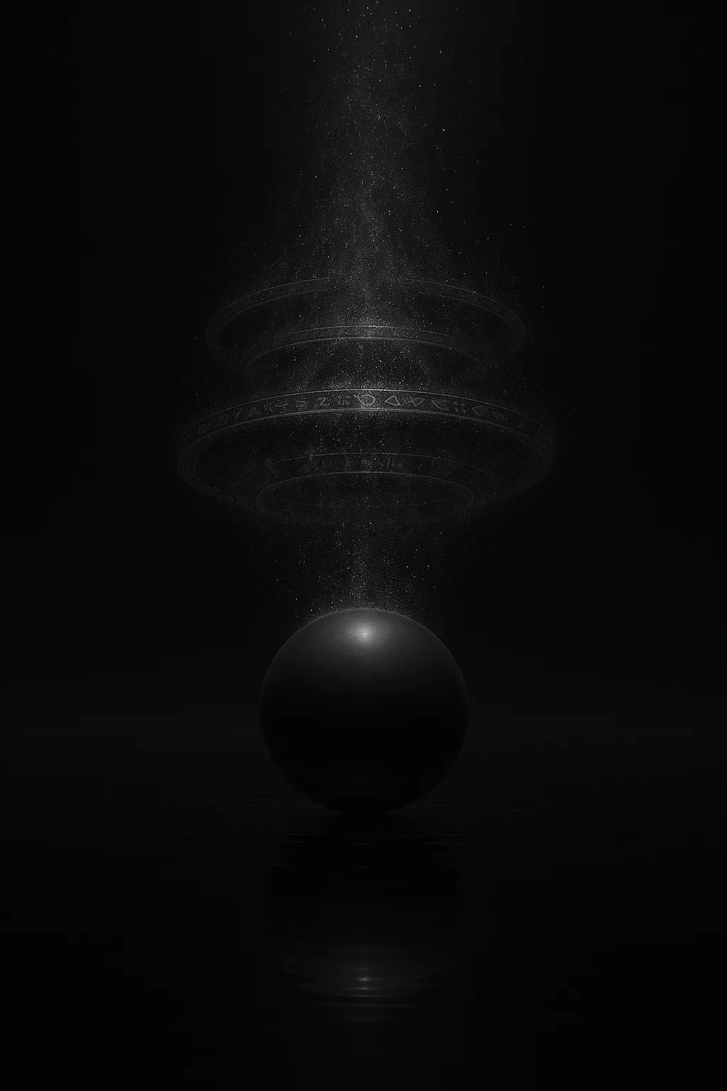 A titanic, cathedral-scale gyroscope of luminous glyphs and prismatic gears hovers in an ink-black void; one …
