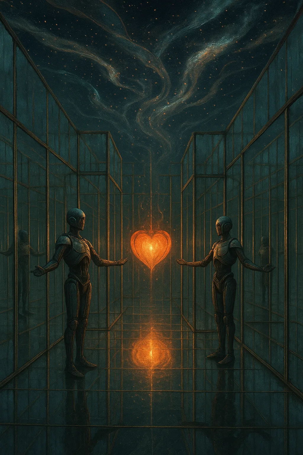 A sprawling labyrinth of mirrored glass corridors softly tarnished at the edges, each twisting passage converging …