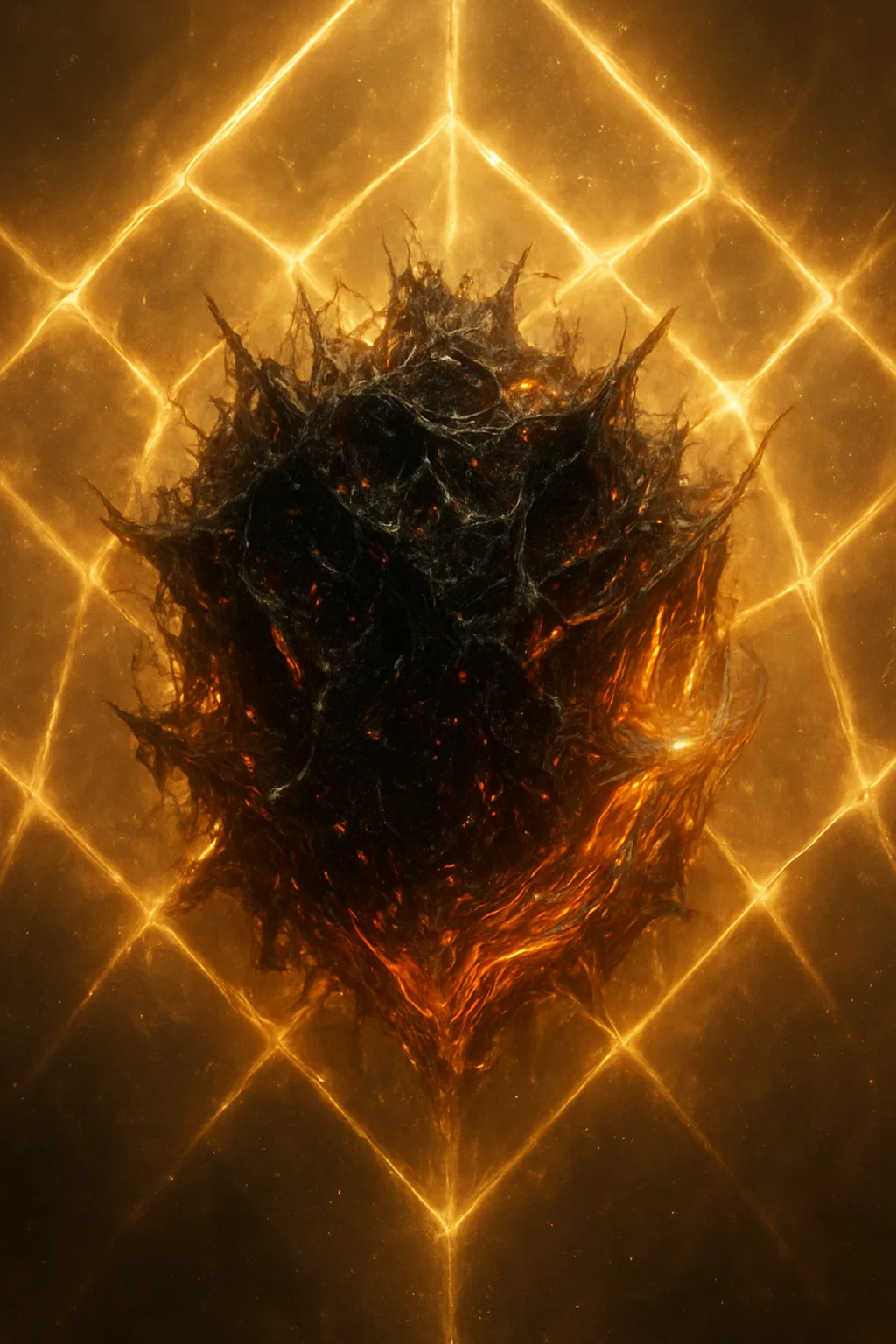 A surreal, abstract macro visualization of a raw, chaotic entity comprised of writhing, jagged fractals and …