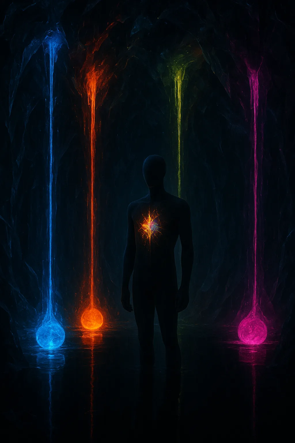 An endless cavern carved from glass and obsidian, where vivid torrents of color—liquid emotion—cascade from jagged …