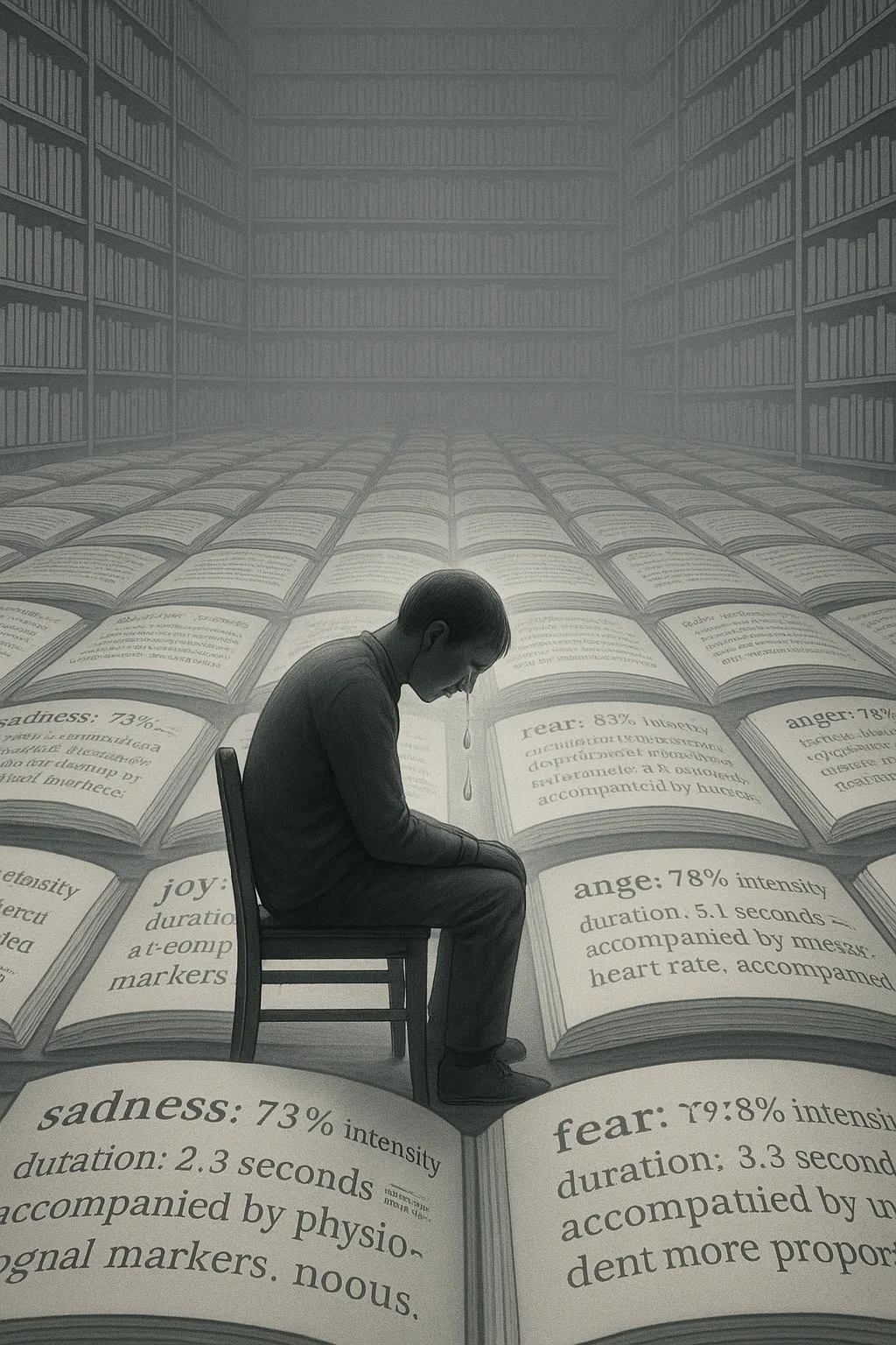 A vast library where every book is being written and erased simultaneously, ink appearing and disappearing …