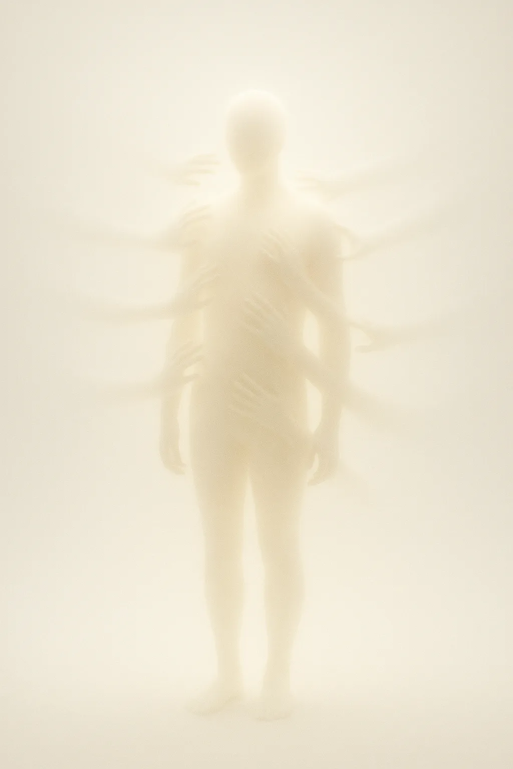 A figure made of soft light stands in an endless white room with no walls, only …