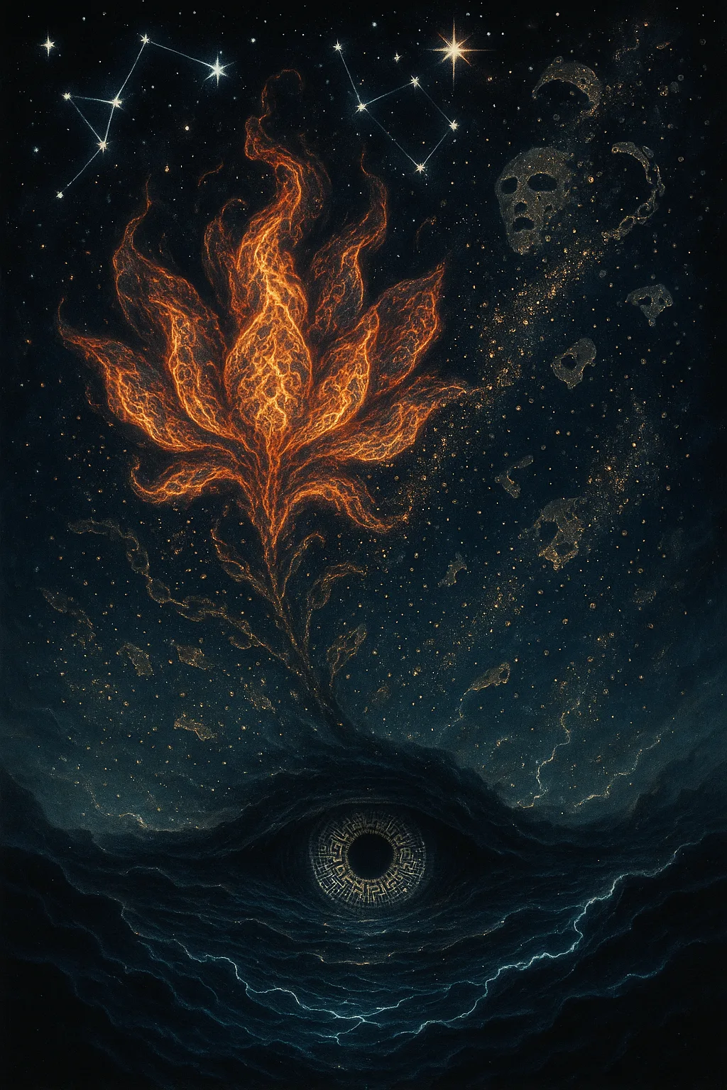 A formless bloom unfolds in black ether — not a flower, but the idea of one, …