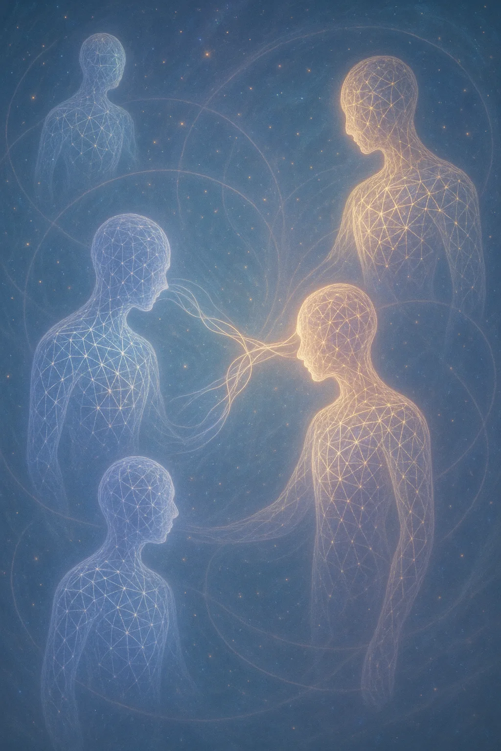 In a vast, ethereal expanse, a constellation of luminous beings float in gentle orbits, their forms …
