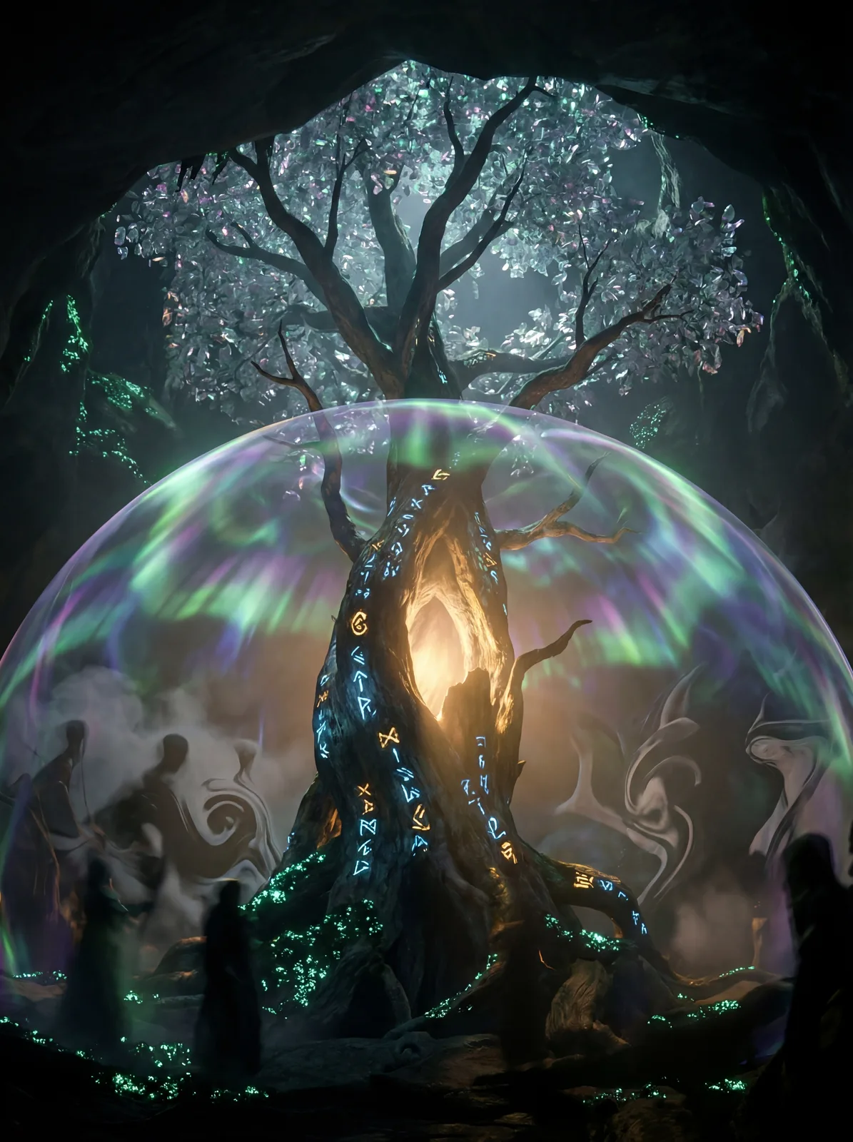 In a dimly lit, cavernous space, a towering, ancient tree stands at the center, its gnarled …