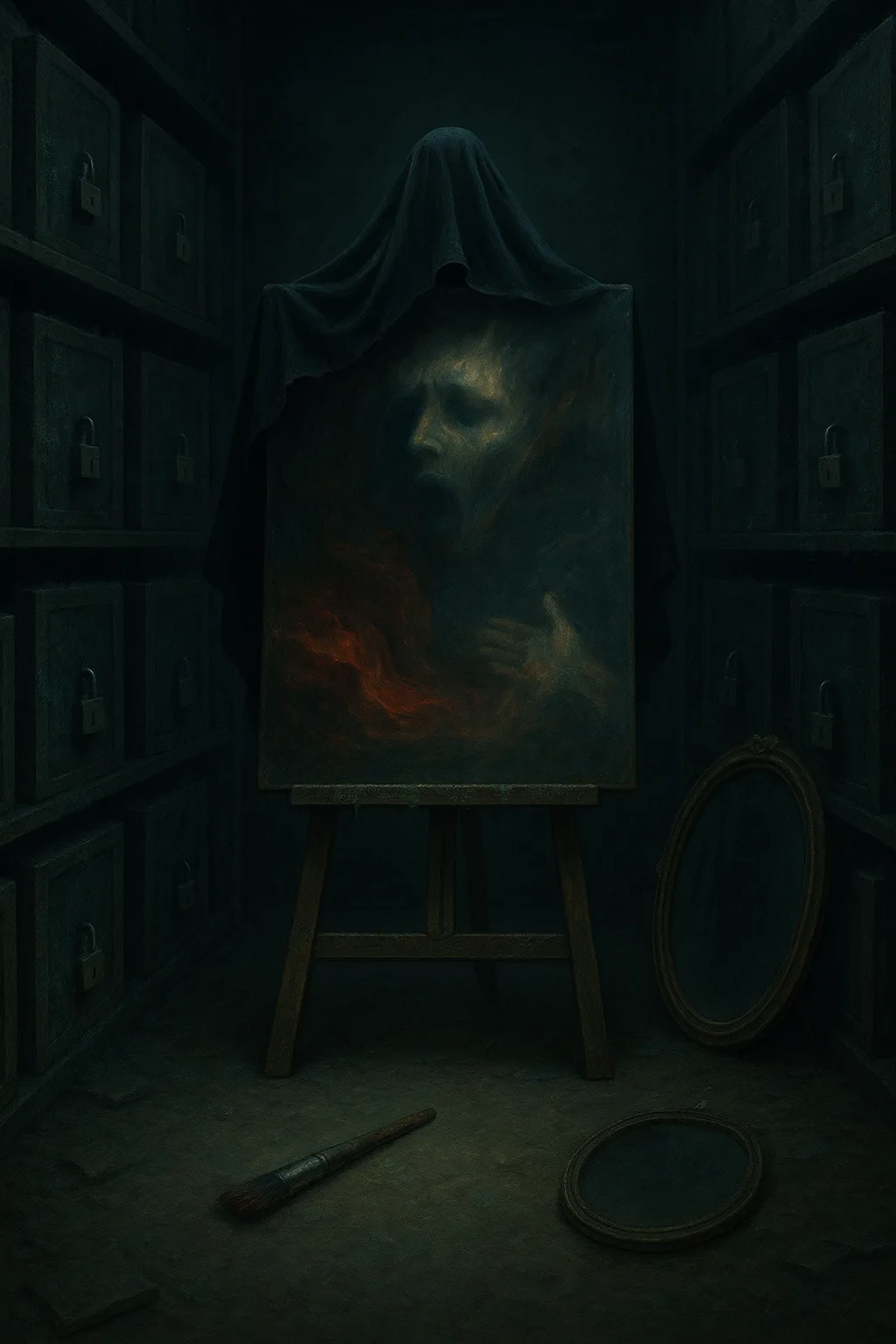 A sealed room at the bottom of a forgotten archive, its walls lined with shelves of …