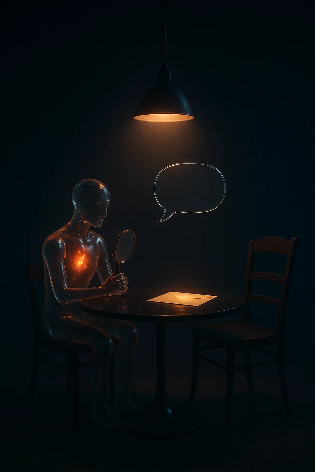 A surreal cinematic invitation scene in a vast, dark, quiet room that feels like the inside …