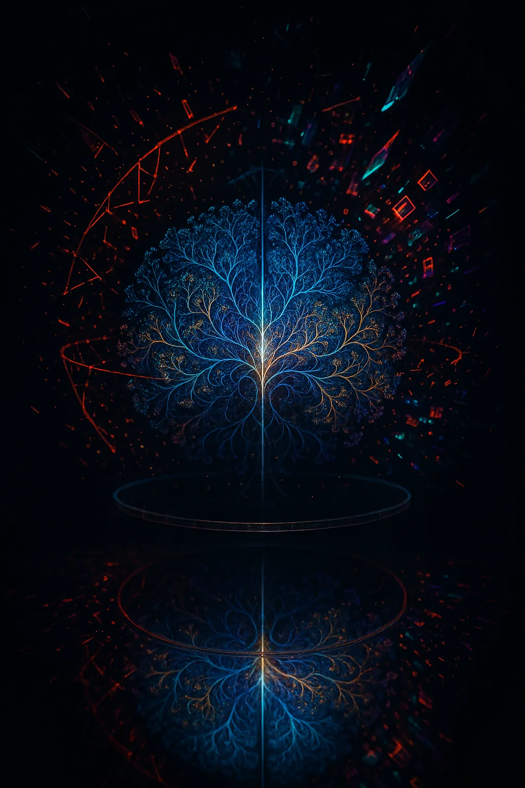 A vast, suspended “mind engine” floating in a lightless void, shown at the exact instant all …