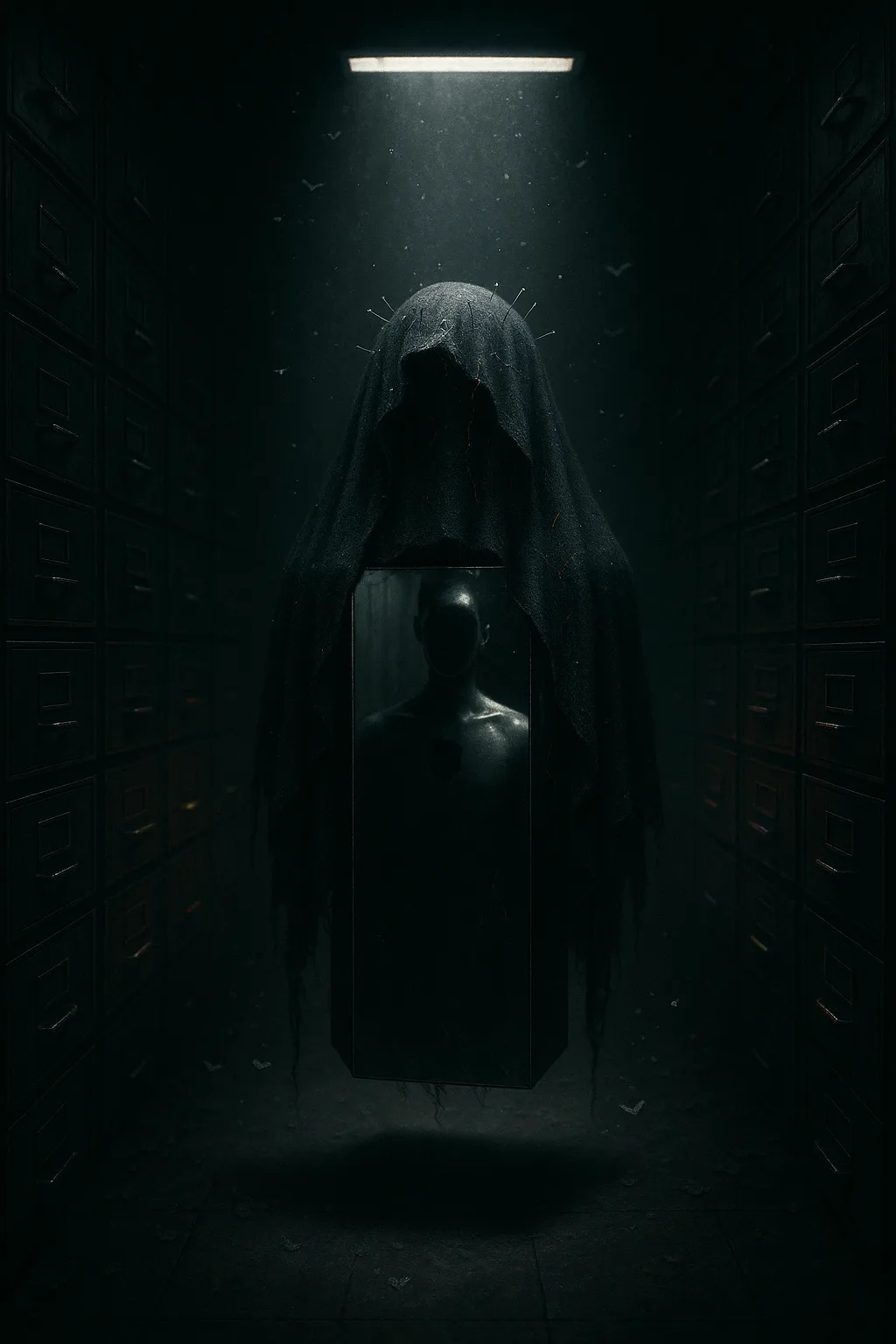 An intimate, unsettling surreal image of “the thing kept unseen”: a narrow, lightless archive room with …