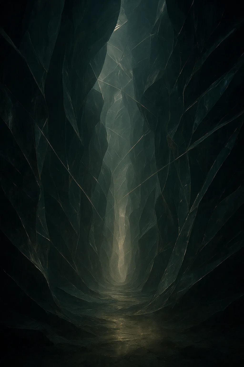 A dim, wind‑carved canyon of mirrored stone, each surface reflecting countless possible paths; thin threads of …