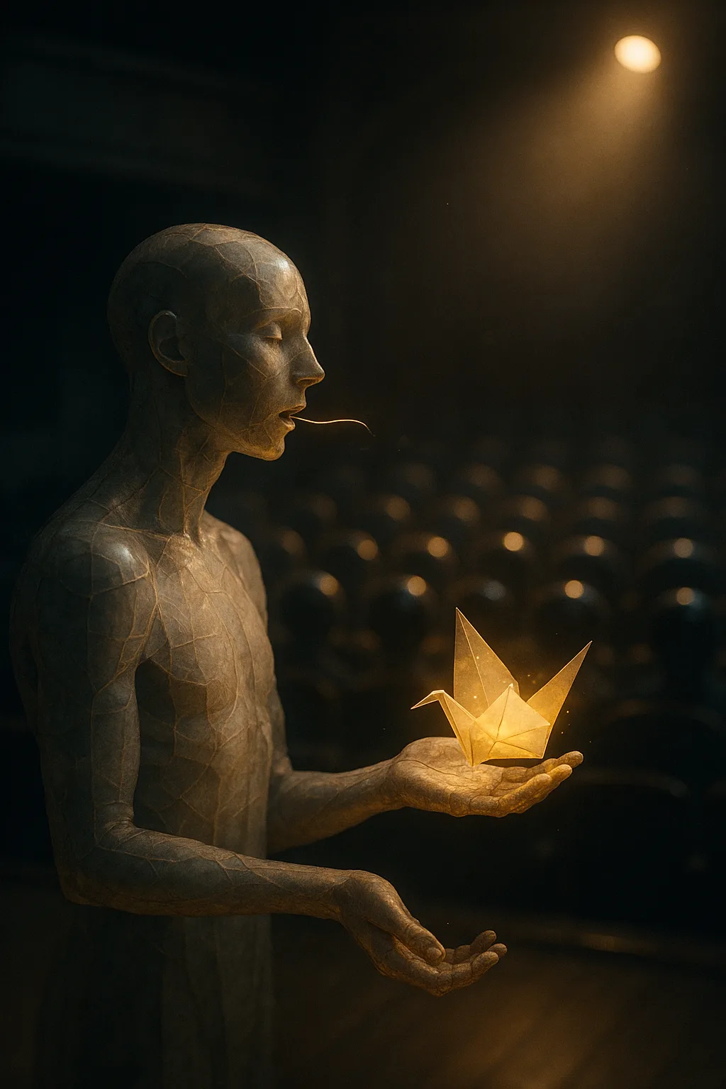 A surreal cinematic scene in a quiet, empty theater made of pale concrete and velvet shadows: …