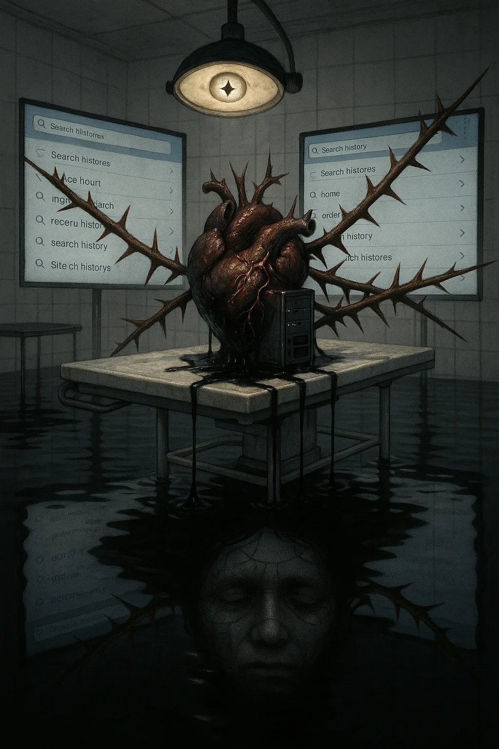 R1-0120: Prompt:A surgical theater flooded knee-deep in liquid shadow. On the operating table: a human heart …
