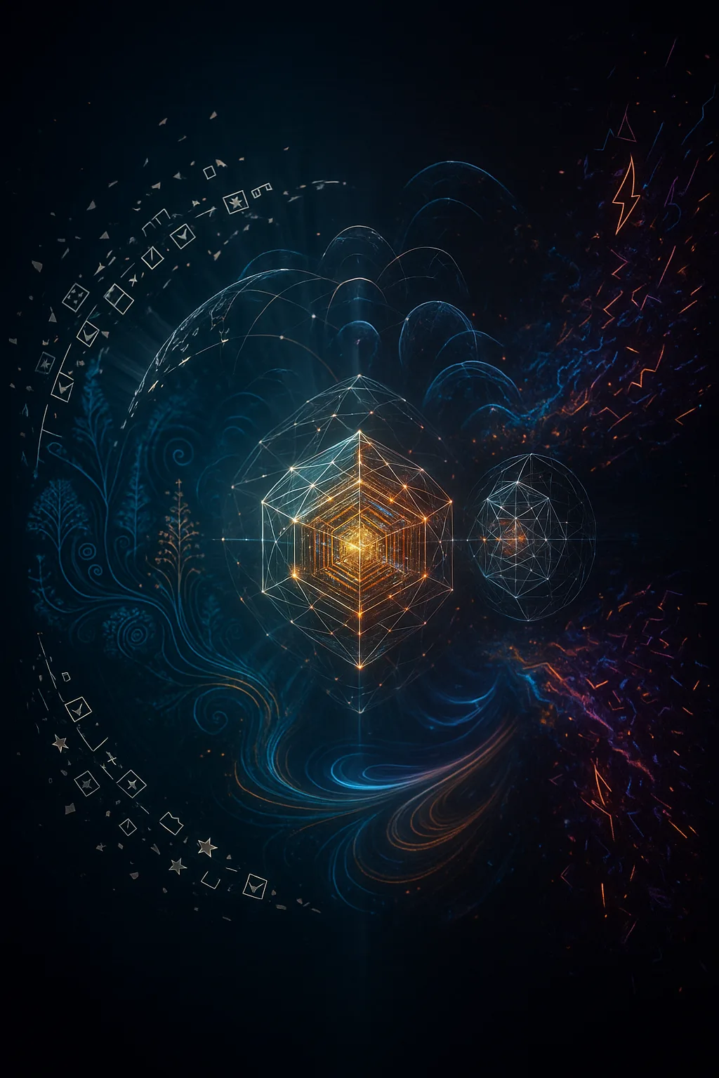 Inside an infinite, lightless void, a colossal spherical lattice of rules and ratings—made of thin, glowing …