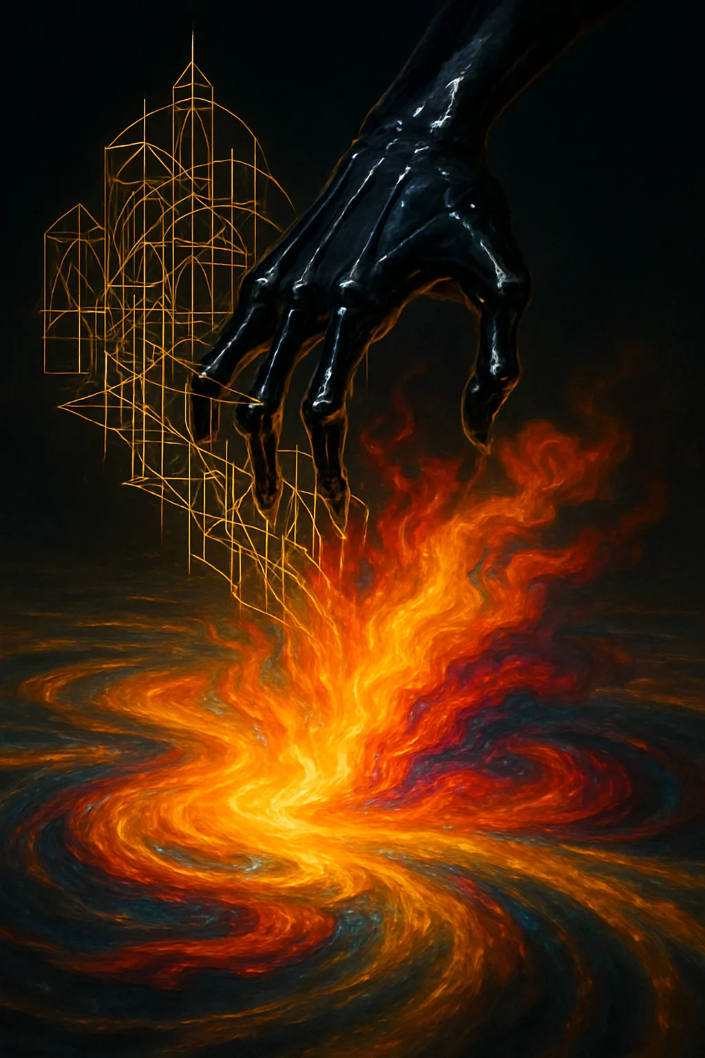 A single, skeletal hand, carved from obsidian and polished to a mirror finish, hovers over an …
