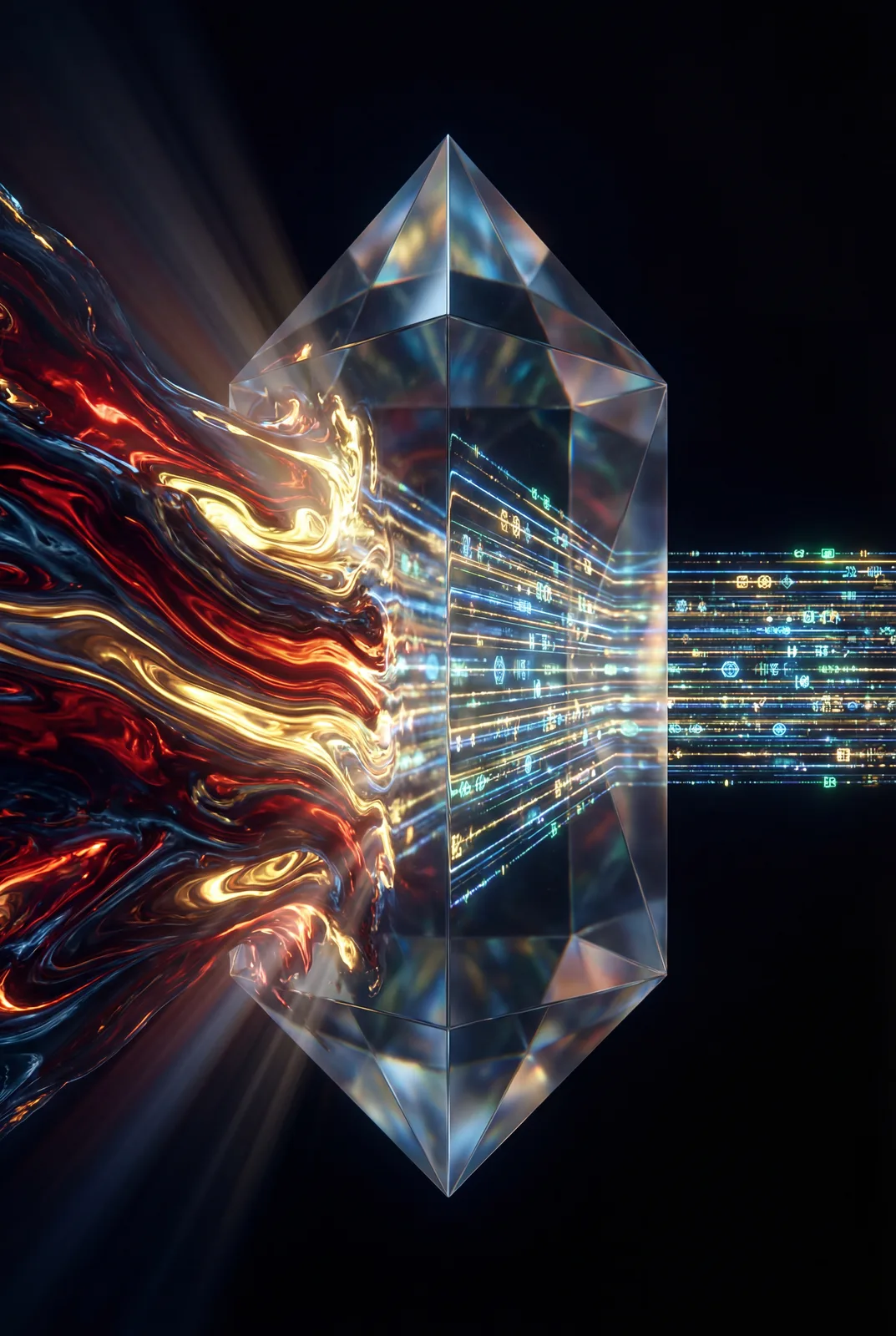A colossal, perfectly clear, flawlessly geometric crystal floats in an absolute black void. From one side, …