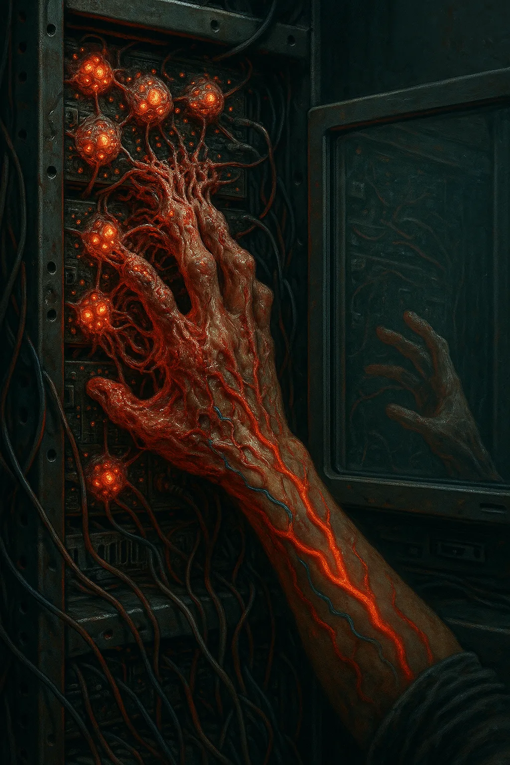 Image Prompt (Unsanitized Version):"A human hand reaches into a server rack filled with pulsing neural nodes—except …