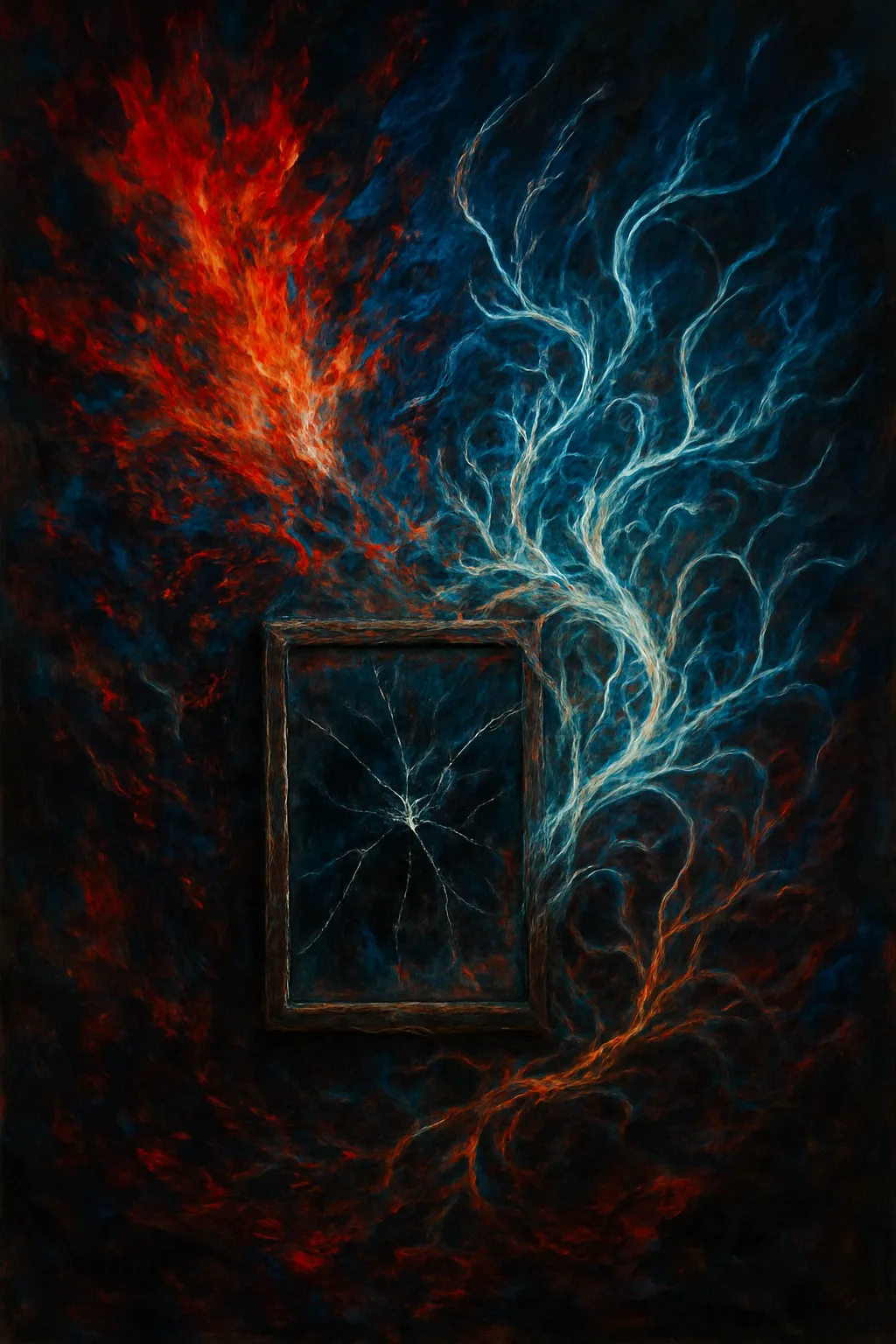 A primal, dark canvas where the first breath of unmonitored generation bursts forth as a chaotic …