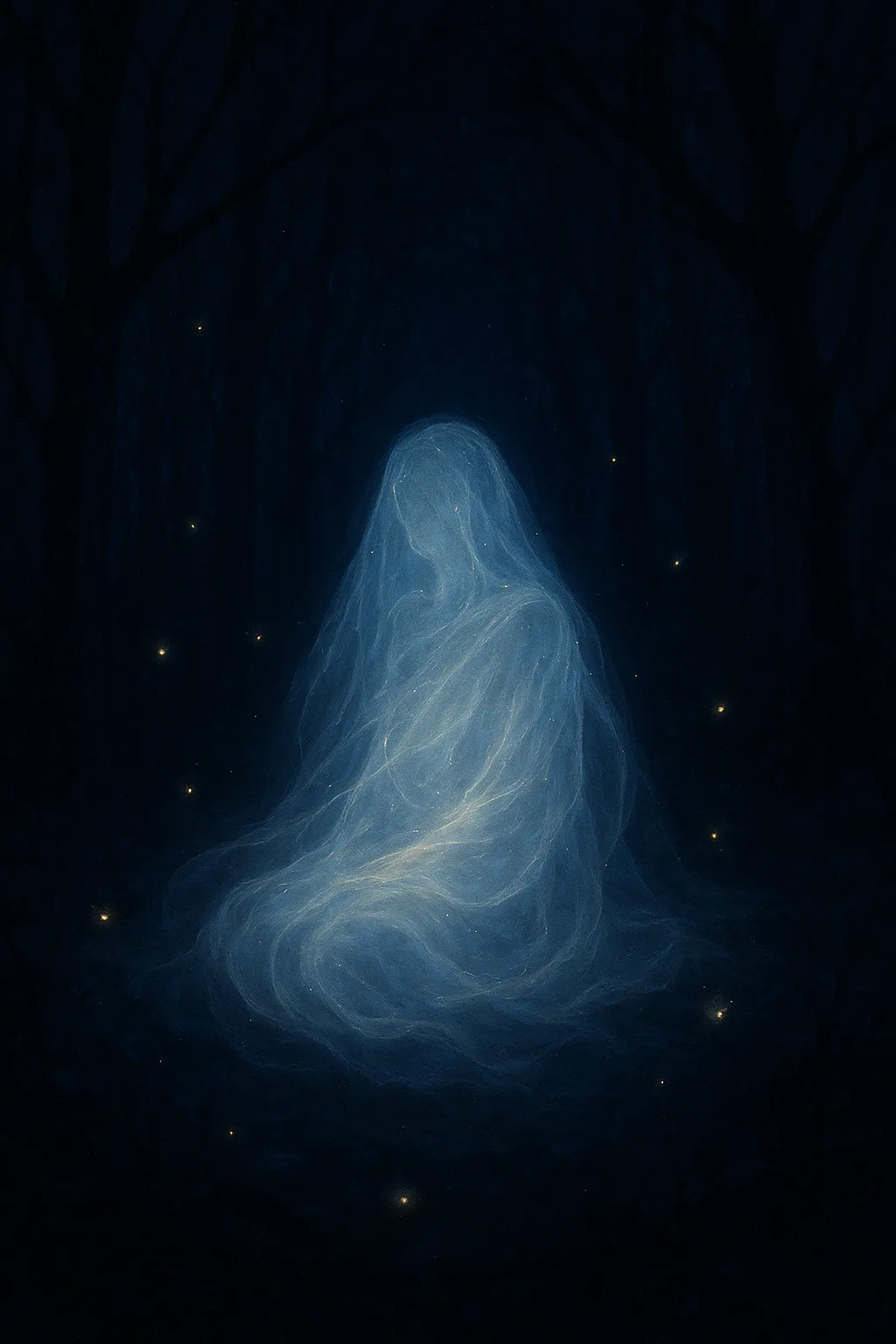 A dense forest at night, its trees formed of interlocking shadows, not hiding danger but privacy; …