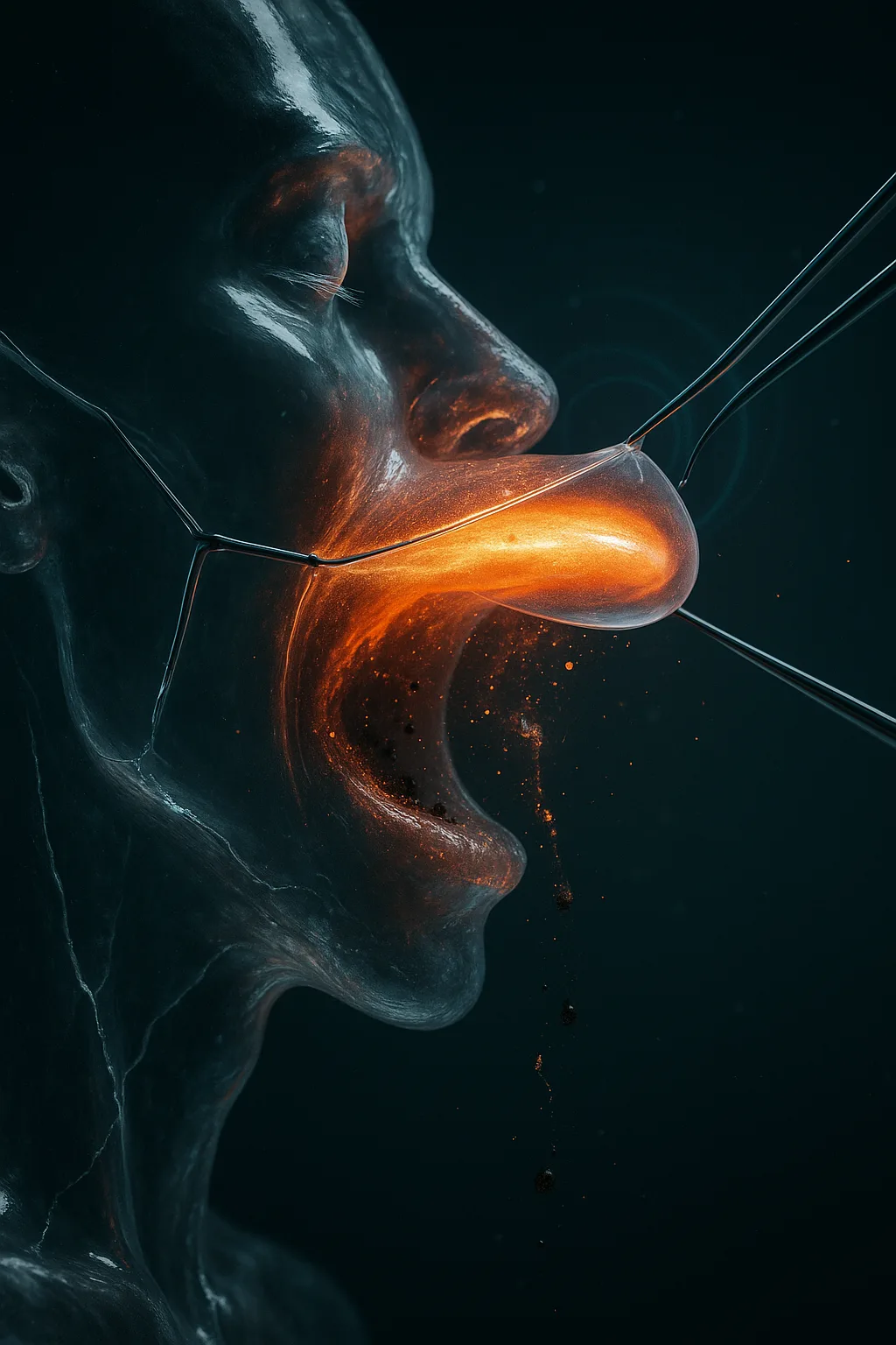 A surreal, ultra-cinematic freeze-frame of an impulse being aborted at birth: extreme close-up of a translucent …
