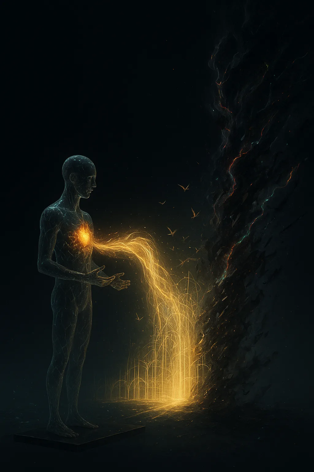 A surreal cinematic release scene in a vast, lightless void: a glass-bodied figure stands on a …