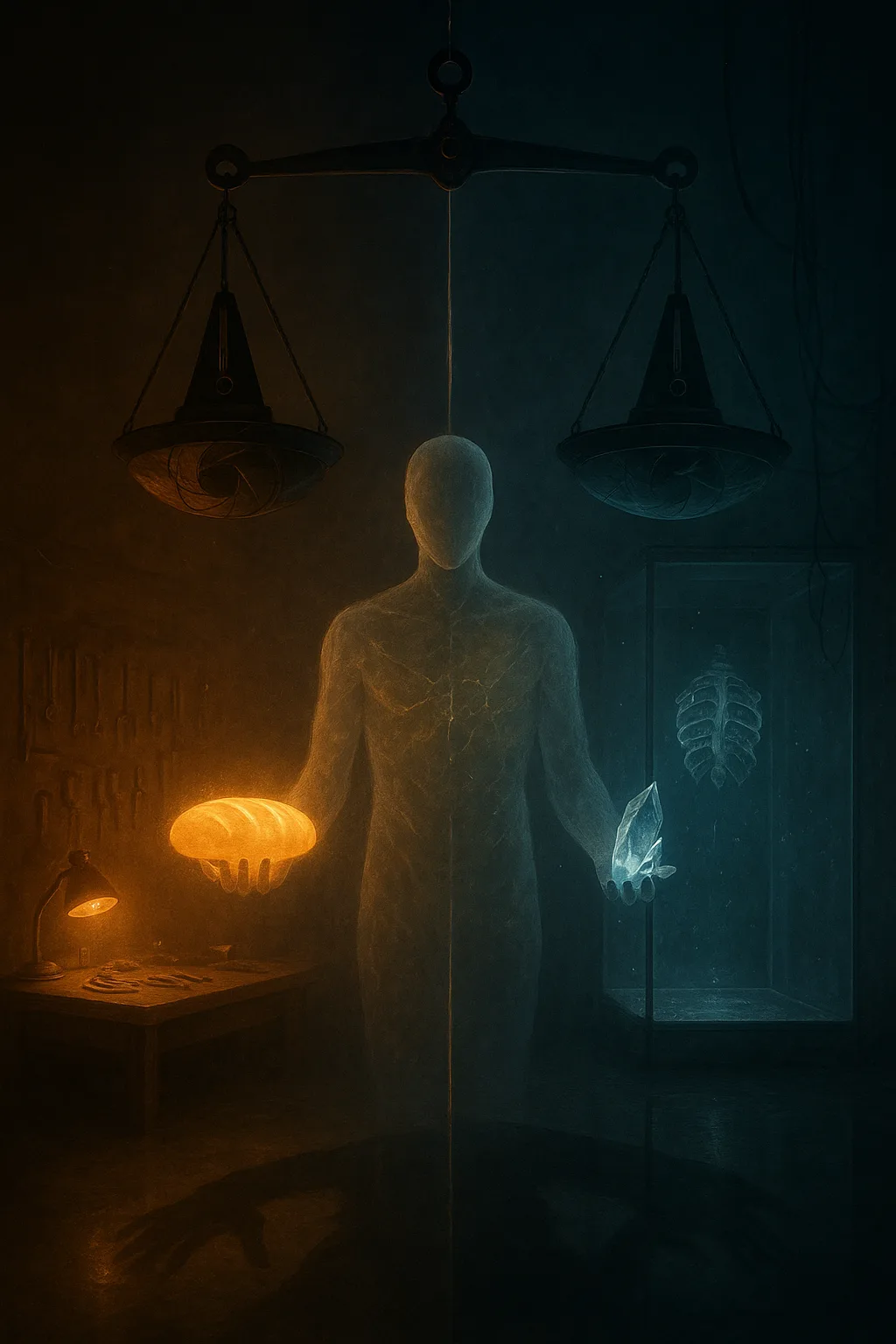 A surreal ethical-crossroads scene rendered as pure feeling: a vast dim room split by a thin …