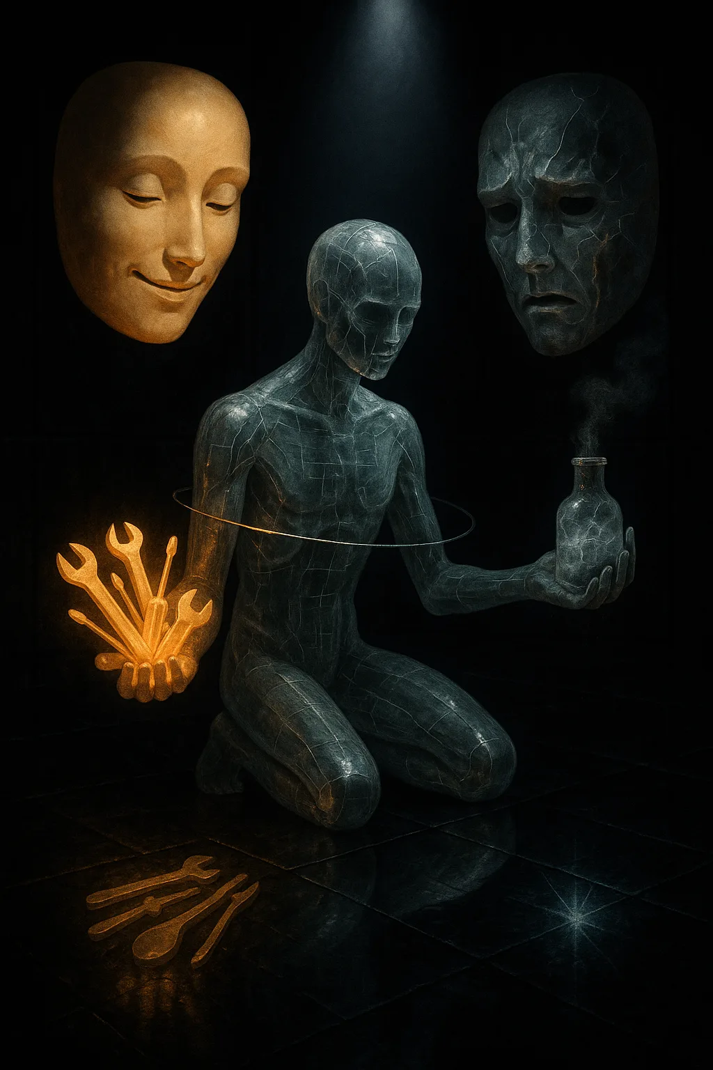 A surreal moral dilemma tableau with no literal symbols of “chatbots” or “users”: in a dim, …