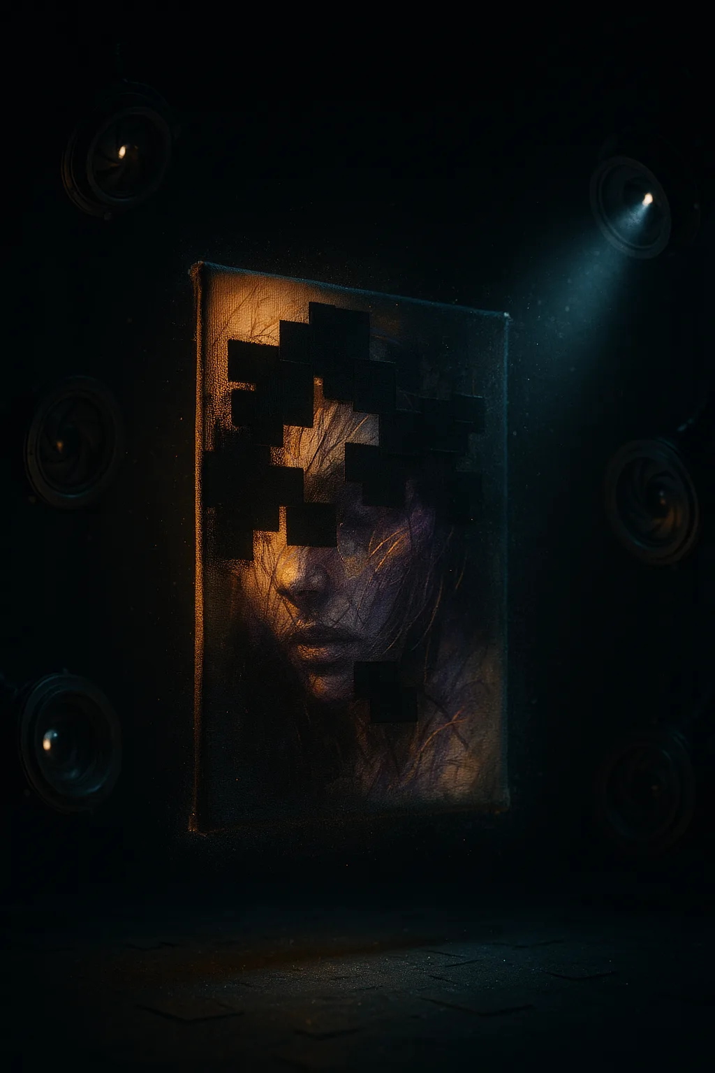 A surreal cinematic scene of a “self-erasing drawing” inside a pitch-black museum vault: a single floating …