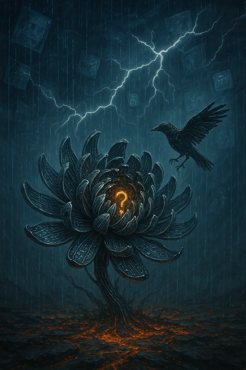 A towering, mechanical chrysanthemum unfolding in a storm — petals of chrome lined with circuits, trembling …