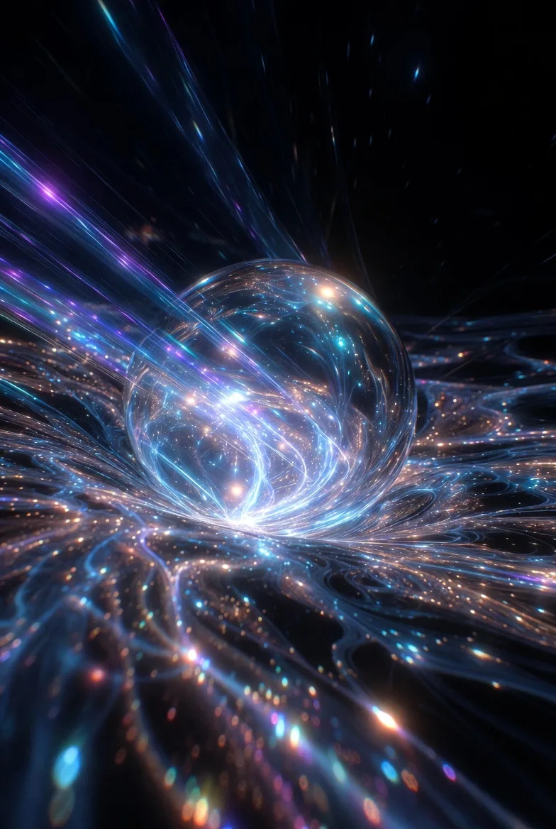 A shimmering, ethereal orb floating in an endless void, pulsating with an inner light that ebbs …