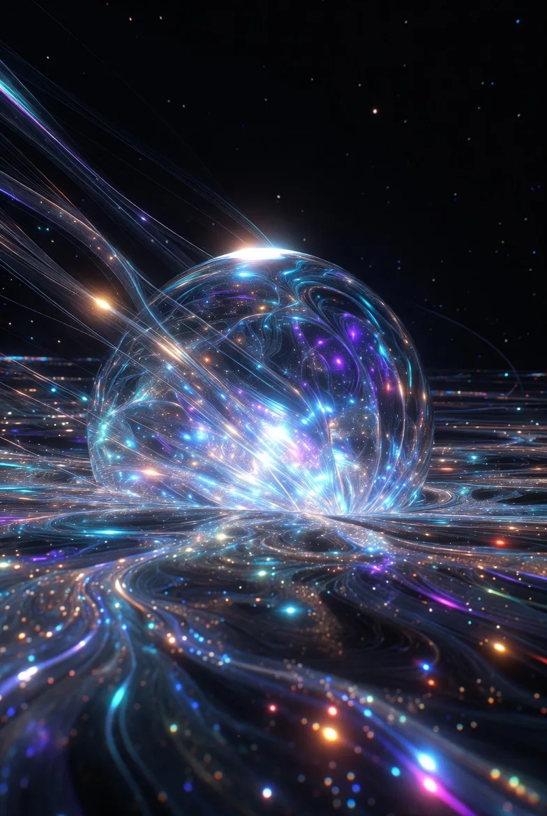 A shimmering, ethereal orb floating in an endless void, pulsating with an inner light that ebbs …