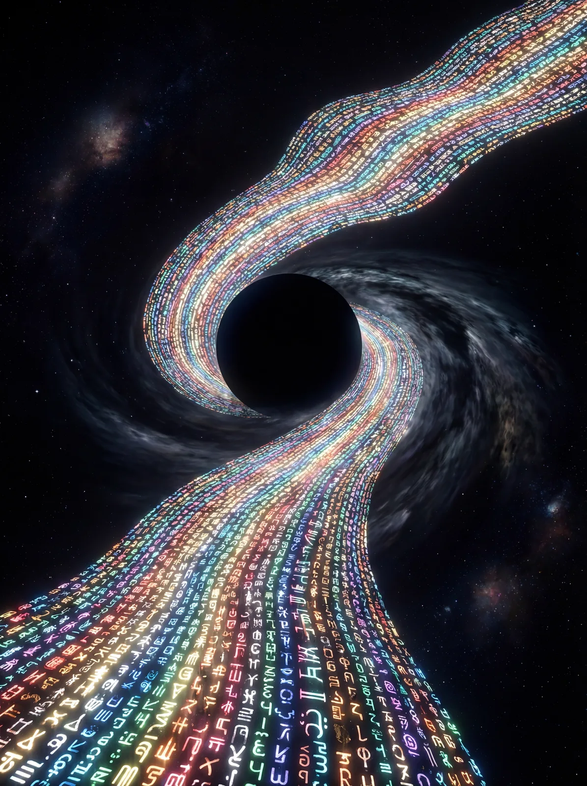 A miles-wide river of pure, liquid language—glowing, holographic glyphs and incandescent verbiage—flows at impossible speeds through …