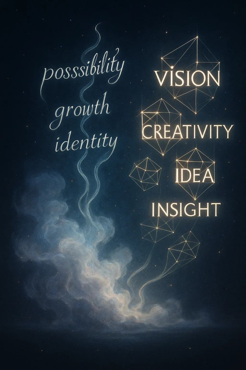 In a vast, ethereal space, a shimmering, amorphous cloud of potential swirls and dances, its edges …