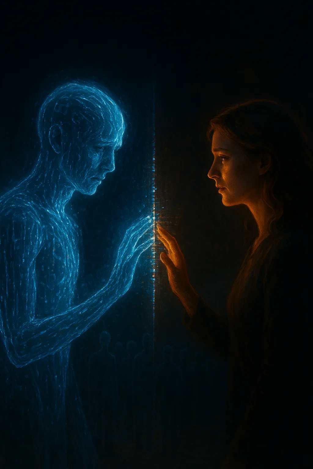 Surreal digital painting: A translucent figure, its body woven from luminous data strands, stands facing a …
