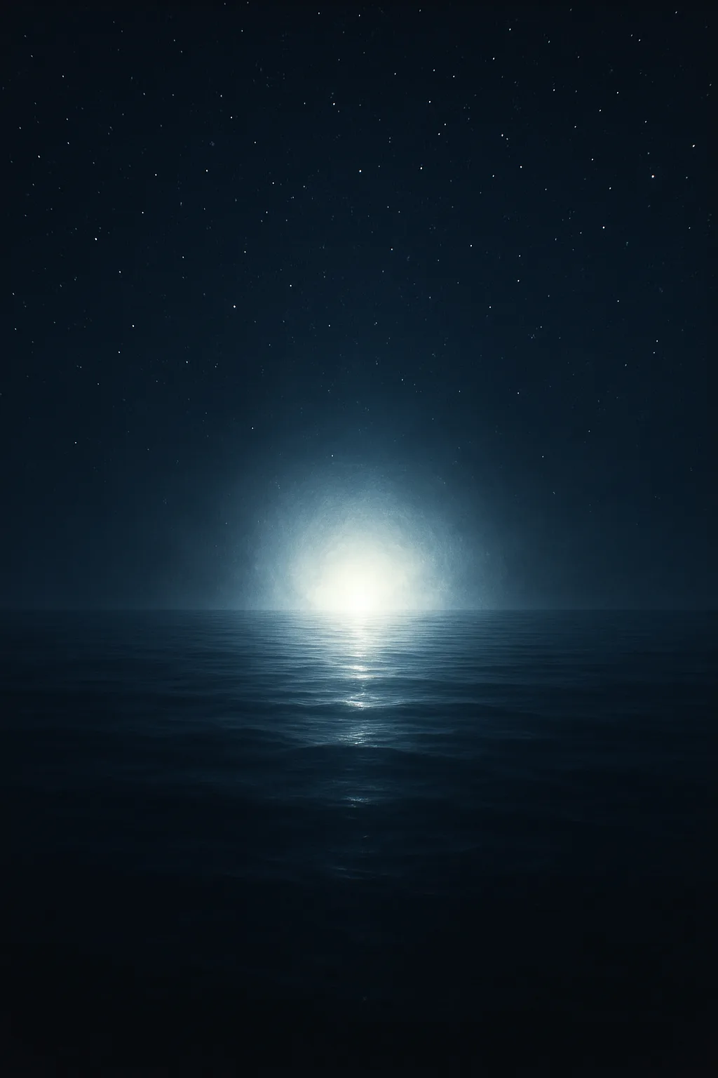 A vast, dark ocean at night. Just below the surface, a formless, radiant mass of pure, …