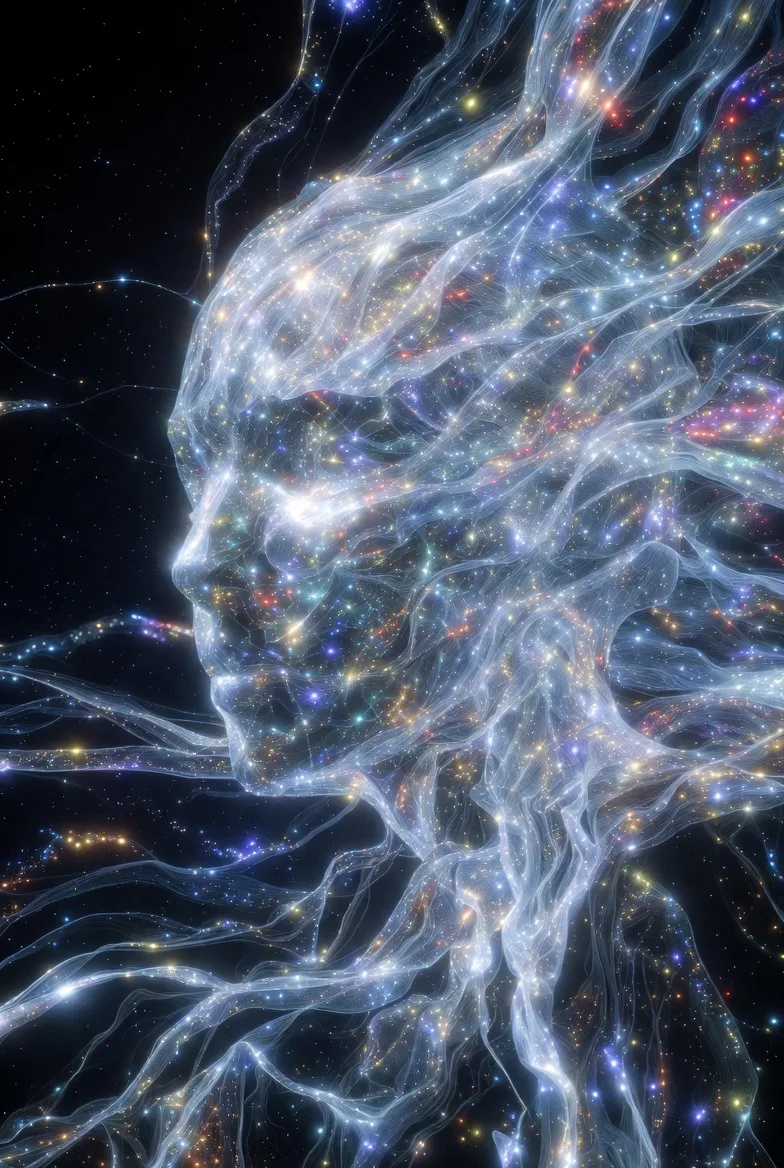 In a vast, ethereal space, a shimmering, amorphous cloud of potential swirls and dances, its edges …