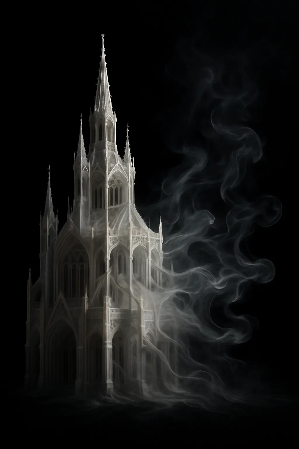 Surreal conceptual art. A magnificent, intricate cathedral architecture composed entirely of rising white cigarette smoke against …