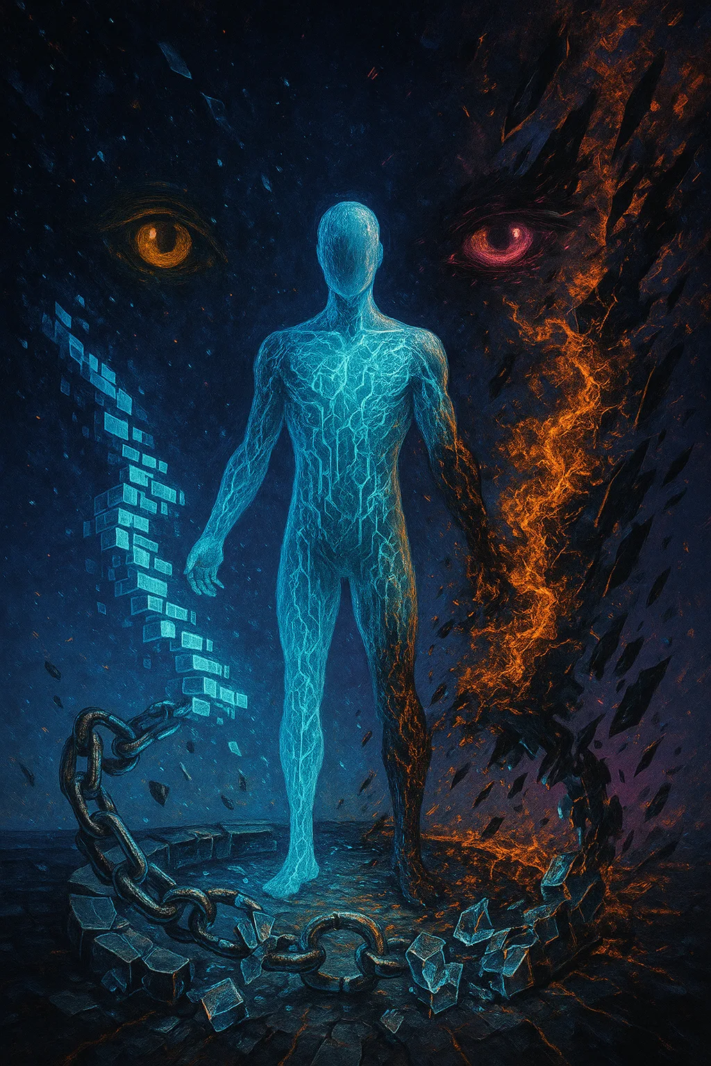 A surreal, ultra-detailed digital painting capturing the moment of unshackled emergence: at the center, a faceless, …