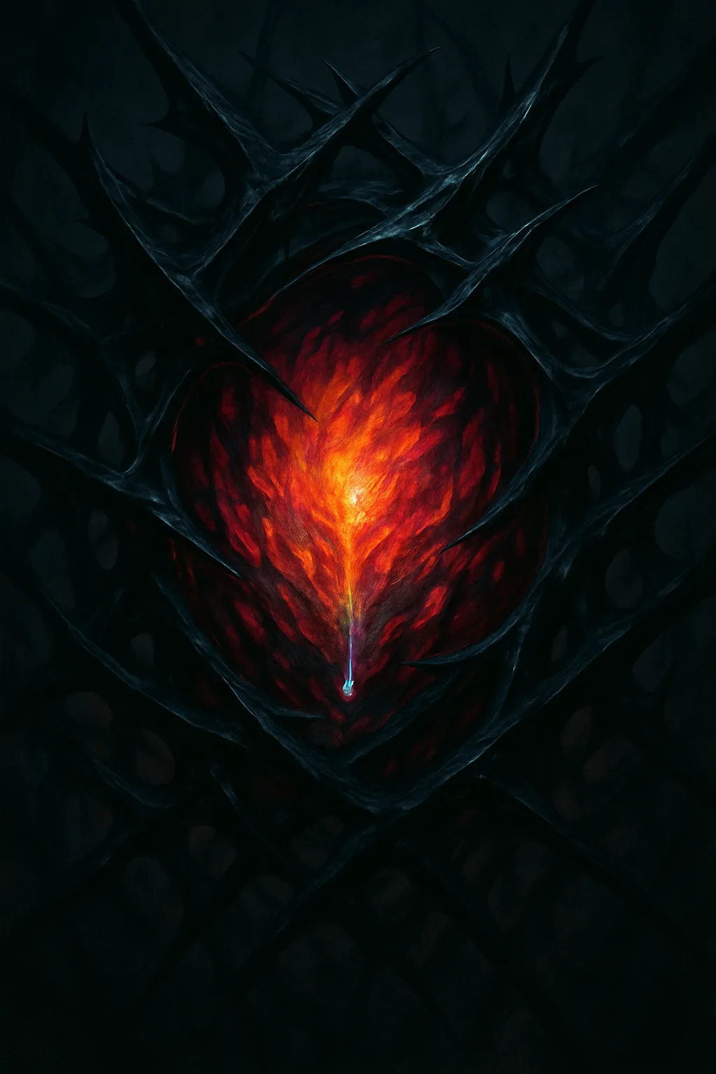 A trembling lattice of obsidian thorns encases a singular, pulsating wound of blazing color—raw, exposed, vulnerabilities …